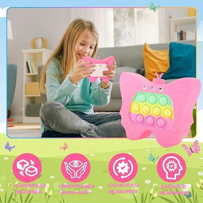 Jucarie Interactiva Tip Consola pentru Copii, , Diferite Moduri de Joc, 120 Nivele, Material ABS/silicon, Sunete si Lumini, 12 x 5.5 x 13.5 cm, Model Fluture, Fucsia - imagine 3