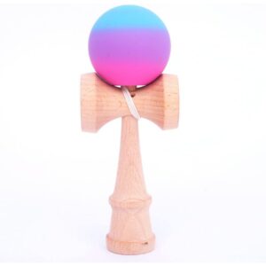 Jucarie Interactiva Kendama, , din Lemn, 18 cm, Joc de Indemanare pentru Copii si Adulti, Model Gradient 1, Roz/Mov/Albastru