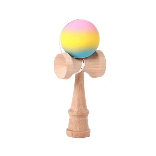 Jucarie Interactiva Kendama, , din Lemn, 18 cm, Joc de Indemanare pentru Copii si Adulti, Model Gradient 2, Roz/Galben/Albastru