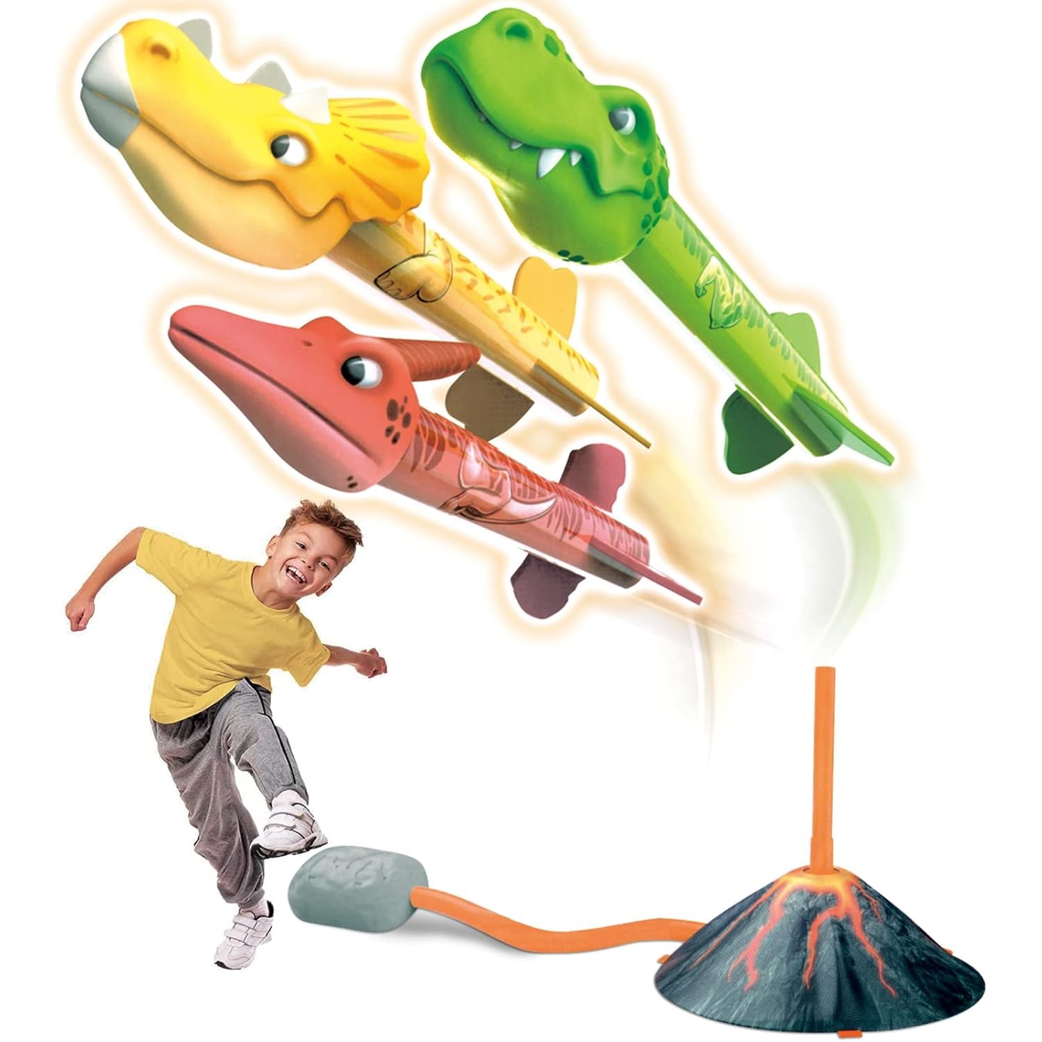 Jucarie pentru Copii, , Lansator de Rachete cu Piciorul, un Singur Lansator, 3 Rachete Donozauri cu Lumini, 30 cm Inaltime, Model Vulcan, Multicolor - imagine 4