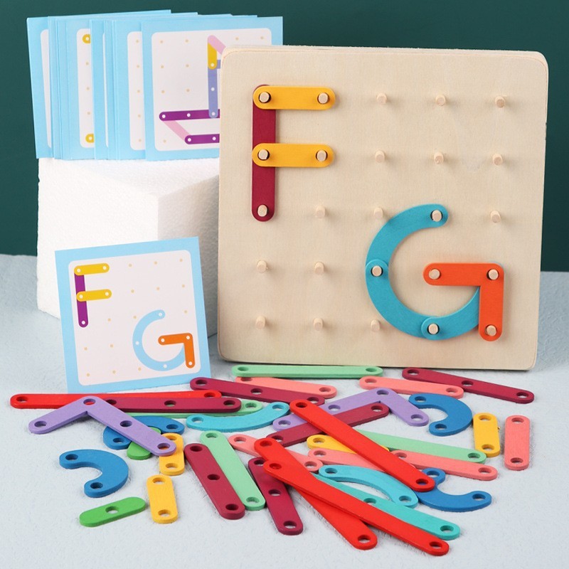 Jucarie Montessori Pegboard, , din Lemn, Tip Puzzle, Forme, Litere, Educativ, 17.8 x 17.8 x 1.5 cm, Multicolor - imagine 3