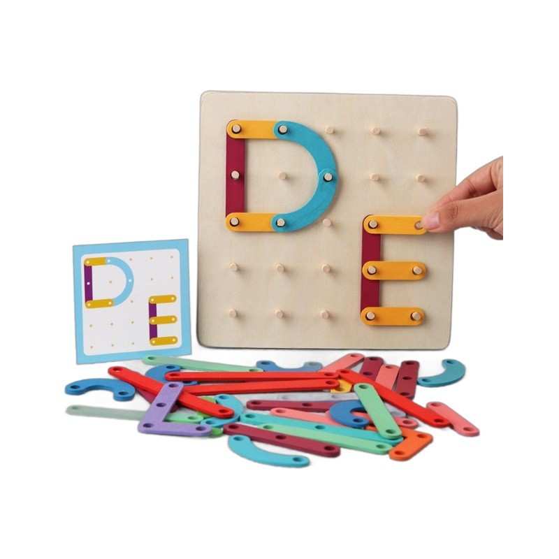 Jucarie Montessori Pegboard, , din Lemn, Tip Puzzle, Forme, Litere, Educativ, 17.8 x 17.8 x 1.5 cm, Multicolor