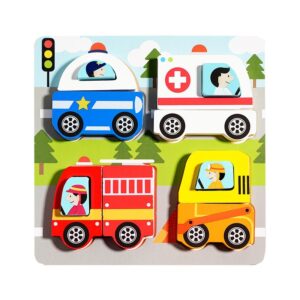Jucarie Montessori, , Tip Puzzle 3D, din Lemn, +36 Luni, Model Masini, 18 x 18 x 1.5 cm, Multicolor