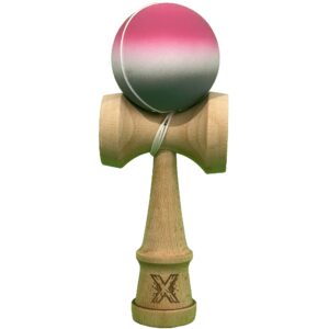 Jucarie Interactiva Kendama X Profesionala, , din Lemn cu Bila Cauciucata, 18 cm, Joc de Indemanare pentru Copii si Adulti, Gradient Roz Alb Gri