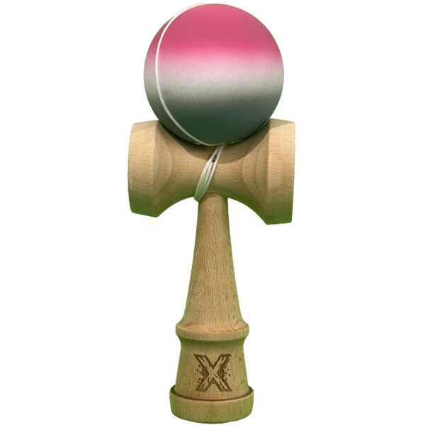 Jucarie Interactiva Kendama X Profesionala, , din Lemn cu Bila Cauciucata, 18 cm, Joc de Indemanare pentru Copii si Adulti, Gradient Roz Alb Gri