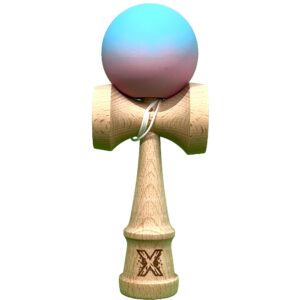 Jucarie Interactiva Kendama X Profesionala, , din Lemn cu Bila Cauciucata, 18 cm, Joc de Indemanare pentru Copii si Adulti, Gradient Albastru deschis Roz
