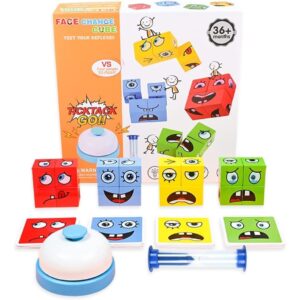 Jucarie Pentru Copii Montessori , Cub din Lemn, Asamblare Fete, 64 de Carti Distractive, Clepsidra si Clopotel inclus, pentru Baieti si Fete, Varsta +3 ani, Educativ, Cutie din carton, 21 x 21 x 5.5 cm, multicolor