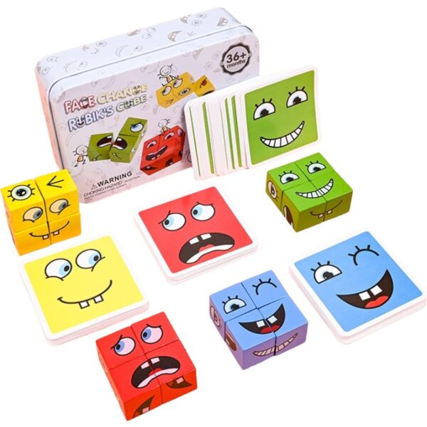 Jucarie Pentru Copii Montessori , Cub din Lemn, Asamblare Fete, 64 de Carti Distractive, pentru Baieti si Fete, Varsta +3 ani, Educativ, Cutie din Aluminiu, 13.5 x 4 x 9 cm, multicolor
