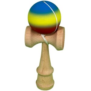 Jucarie Interactiva Kendama Profesionala, , din Lemn, 18 cm, Joc de Indemanare pentru Copii si Adulti, Gradient Albastru/Galben/Rosu