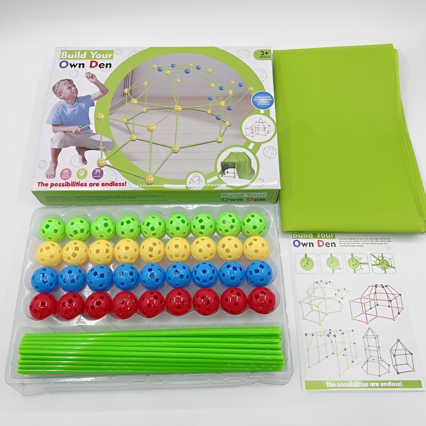Kit de Constructie Fort 3D pentru Copii, , 560 g, 36 Sfere, 51 Tije, Panza Verde Impermeabil, 3 ani, Educativ, Multicolor - imagine 3