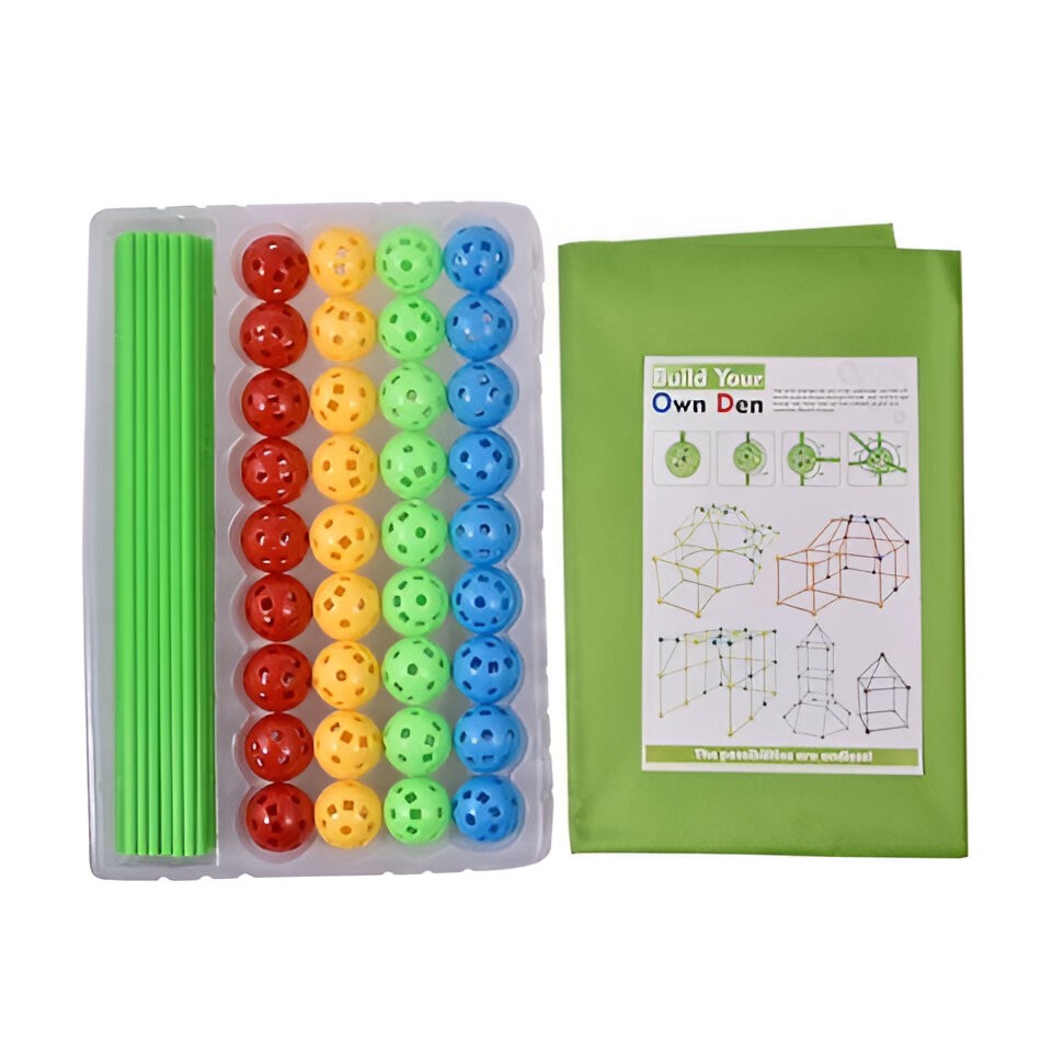 Kit de Constructie Fort 3D pentru Copii, , 560 g, 36 Sfere, 51 Tije, Panza Verde Impermeabil, 3 ani, Educativ, Multicolor - imagine 4