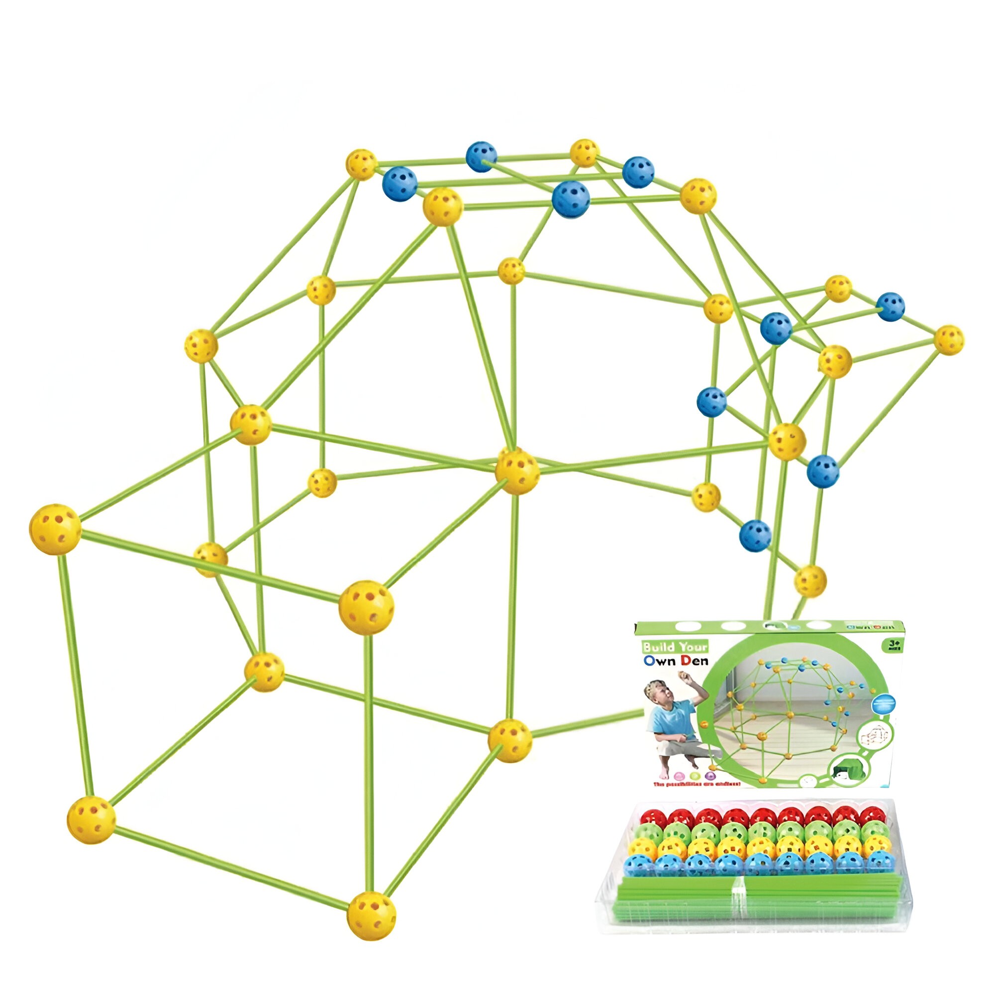 Kit de Constructie Fort 3D pentru Copii, , 560 g, 36 Sfere, 51 Tije, Panza Verde Impermeabil, 3 ani, Educativ, Multicolor