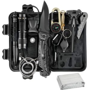 Kit supravietuire 19 in 1 , Cutit/Busola/Lanterna/Fluier/Chingi/Paracord, pentru Caping, Drumetii, Aventuri, Insturmente profesionale, Negru