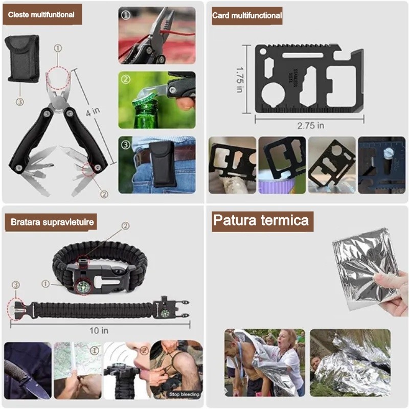 Kit supravietuire multifuncional , 42 de Instrumente Profesionale, Echipament de prim-ajutor, Drumetie, Camping - imagine 2