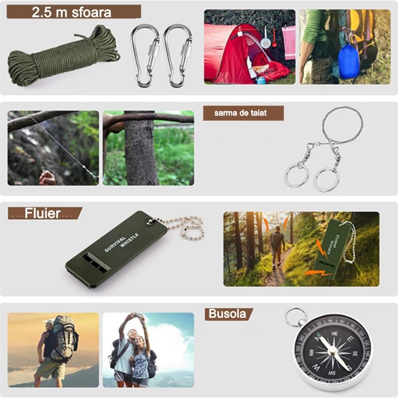 Kit supravietuire multifuncional , 42 de Instrumente Profesionale, Echipament de prim-ajutor, Drumetie, Camping - imagine 3