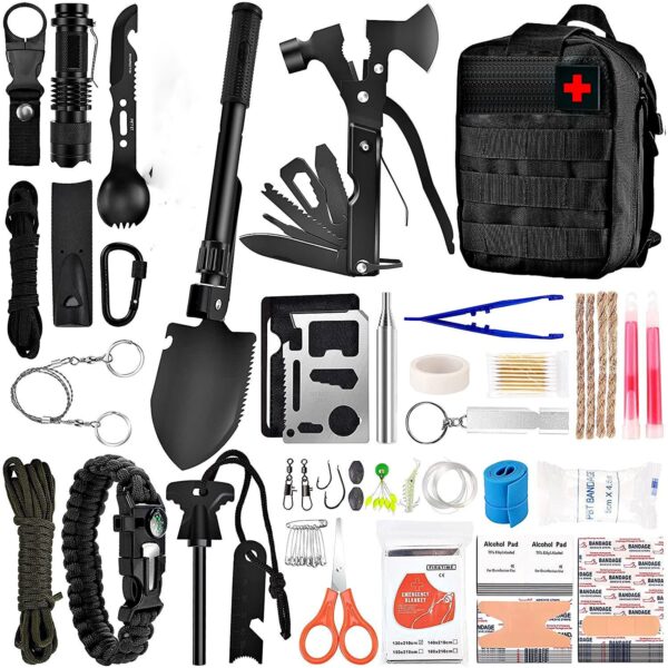 Kit supravietuire multifuncional , 42 de Instrumente Profesionale, Echipament de prim-ajutor, Drumetie, Camping, Negru