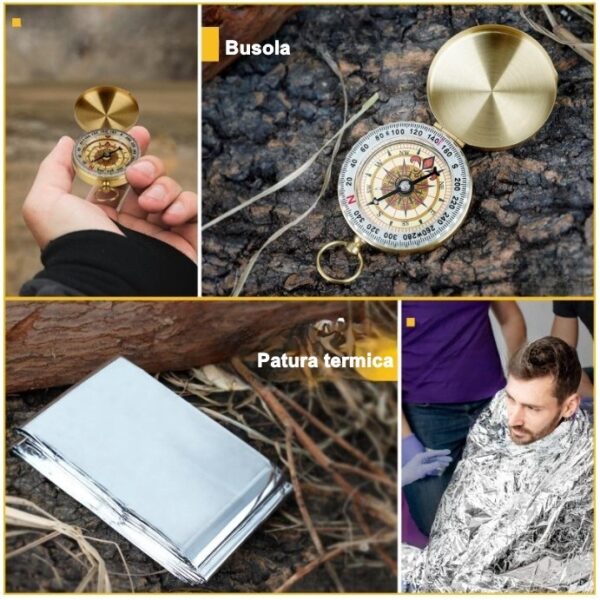 Kit supravietuire multifunctional 16 in 1 , Instrumente profesionale, Agatatoare ghiozdan, pentru Camping, Drumetii, Aventuri in aer liber, borseta inclusa, negru - imagine 2