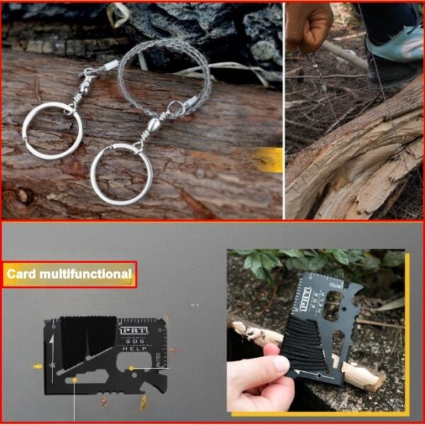 Kit supravietuire multifunctional 16 in 1 , Instrumente profesionale, Agatatoare ghiozdan, pentru Camping, Drumetii, Aventuri in aer liber, borseta inclusa, negru - imagine 3