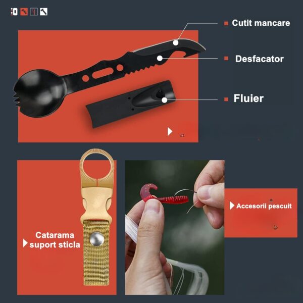 Kit supravietuire multifunctional 16 in 1 , Instrumente profesionale, Agatatoare ghiozdan, pentru Camping, Drumetii, Aventuri in aer liber, borseta inclusa, negru - imagine 4