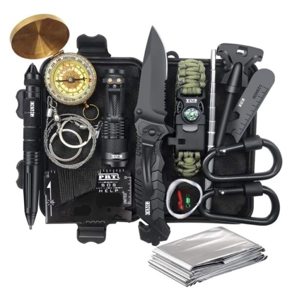 Kit supravietuire multifunctional 16 in 1 , Instrumente profesionale, Agatatoare ghiozdan, pentru Camping, Drumetii, Aventuri in aer liber, borseta inclusa, negru