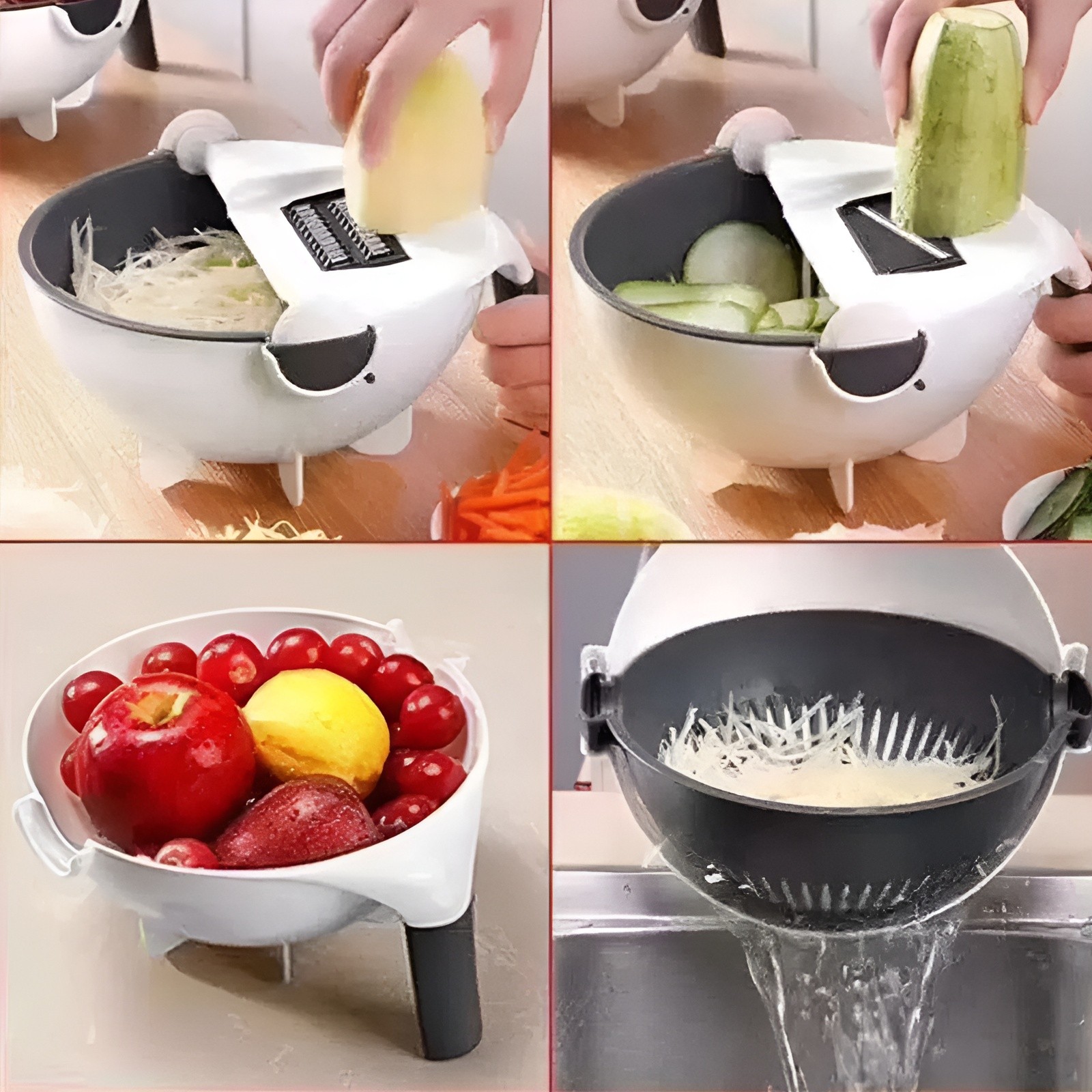 Tocator Multifunctional, , Lame Otel Inoxidabil, cu Suport Scurgere, Maner, Protectie Mana, 22x22x12 cm, Alb Negru - imagine 3