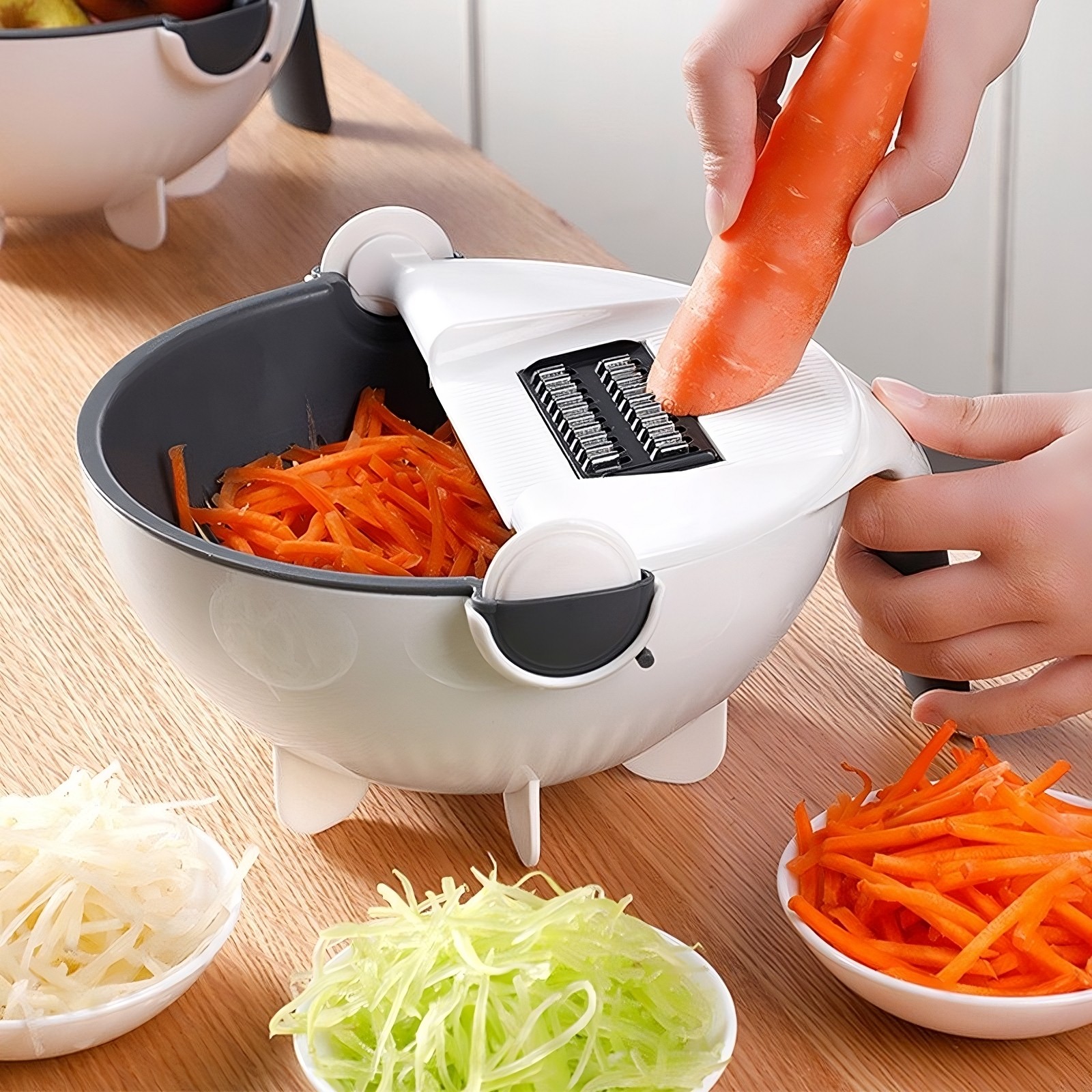 Tocator Multifunctional, , Lame Otel Inoxidabil, cu Suport Scurgere, Maner, Protectie Mana, 22x22x12 cm, Alb Negru - imagine 4