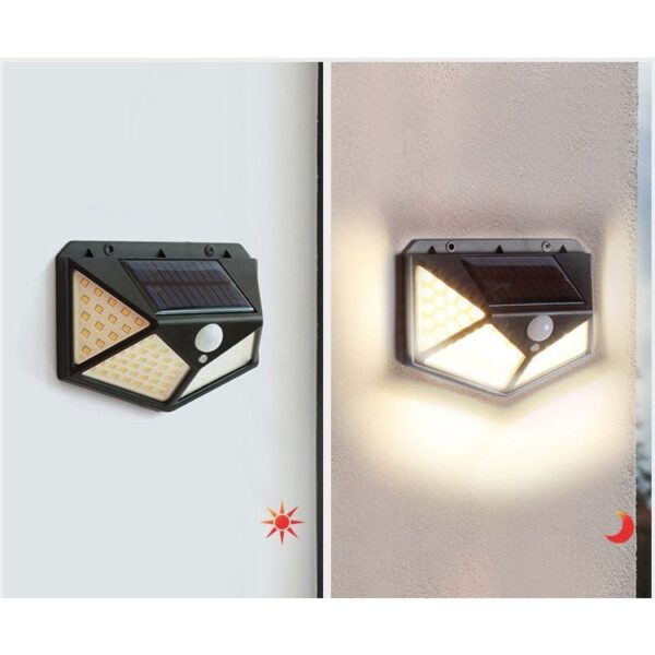 Lampa cu incarcare solara pentru exterior, 100 LED cu distanta de inductie, montaj pe perete, fara cabluri, cu 4 fete, - imagine 3