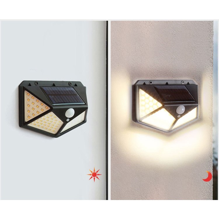 Lampa cu incarcare solara pentru exterior, 100 LED cu distanta de inductie, montaj pe perete, fara cabluri, cu 4 fete, - imagine 3