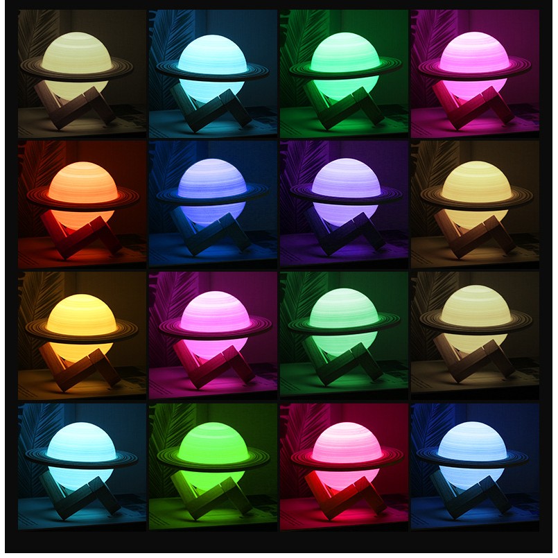 Lampa de veghe cu telecomanda in forma de Saturn 3D Saturn Light 16 culori, alimentare baterii, stand lemn inclus, 15 cm, - imagine 2