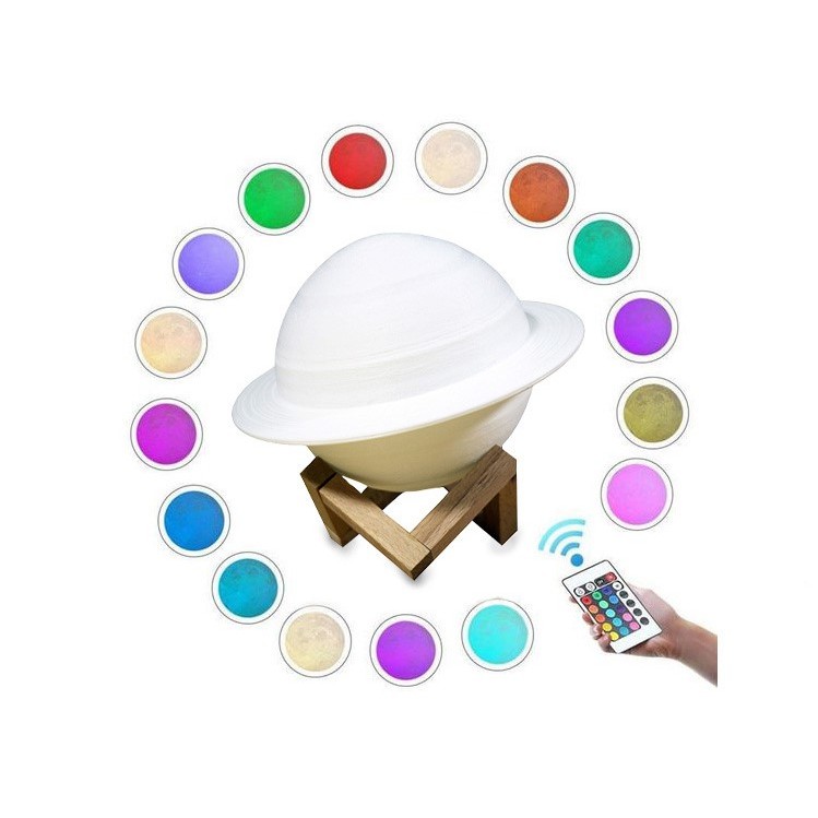 Lampa de veghe cu telecomanda in forma de Saturn 3D Saturn Light 16 culori, alimentare baterii, stand lemn inclus, 15 cm, - imagine 3