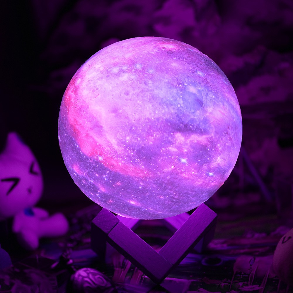 Lampa de veghe in forma de luna cu stele 3D Moon Light, alimentare baterii, stand din lemn inclus, 10 cm, - imagine 4