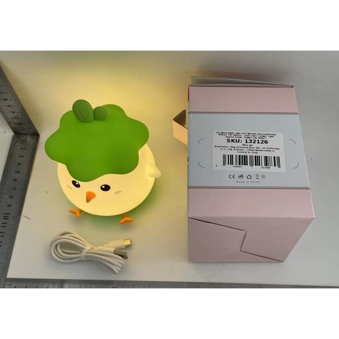 Lampa de Veghe pentru Copii, , din Silicon, Senzor Tactil, Model Pui, Lumina Calda, Protectie pentru Ochi, Incarcare USB, Capacitate Baterie Incorporata 800mAh, 11 x 10 x 12.4 cm, Verde - imagine 2