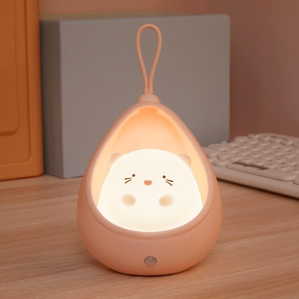 Lampa de veghe portabila cu 2 moduri de functionare , silicon non-toxic, reincarcabila USB, senzor miscare, roz, pisicuta - imagine 3