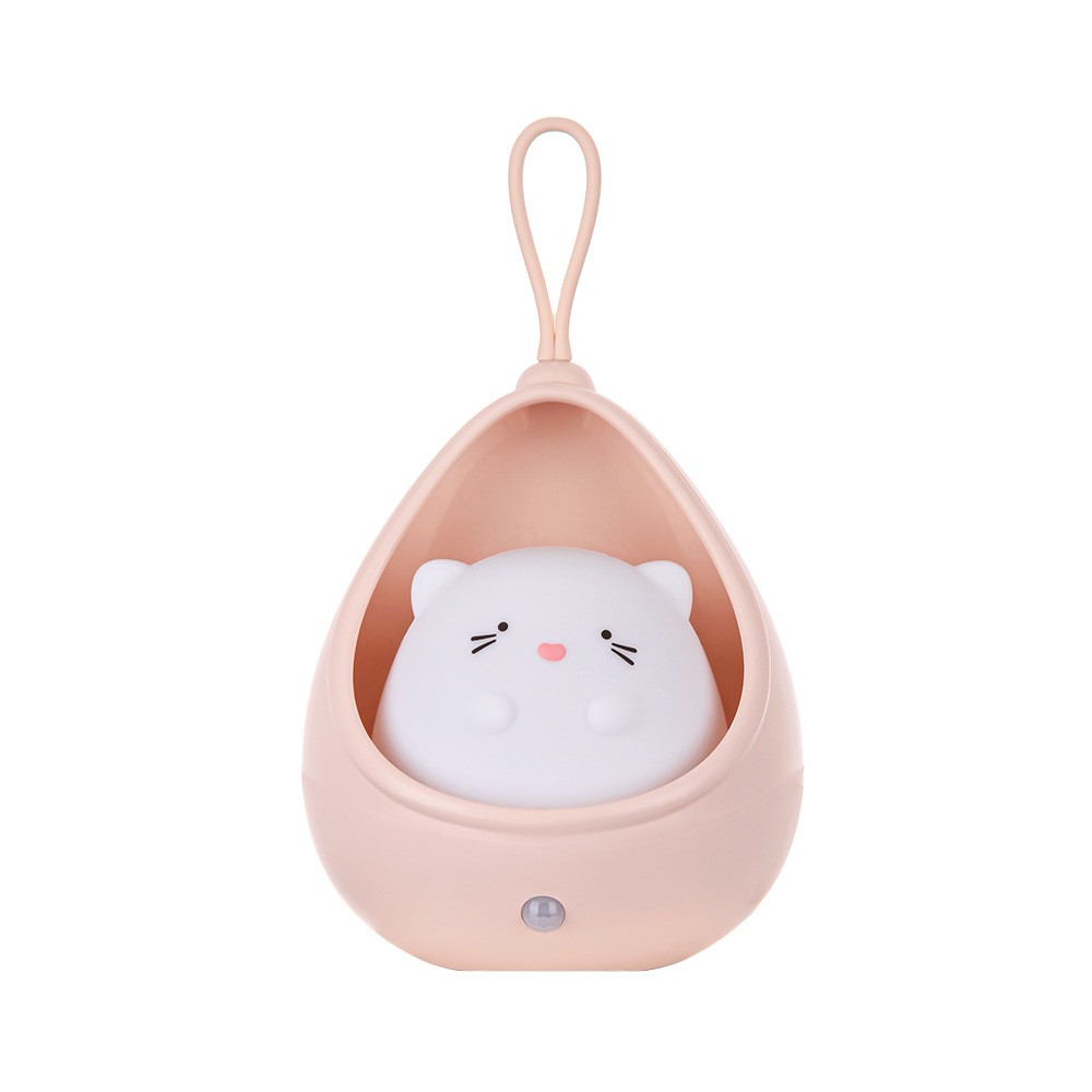 Lampa de veghe portabila cu 2 moduri de functionare , silicon non-toxic, reincarcabila USB, senzor miscare, roz, pisicuta