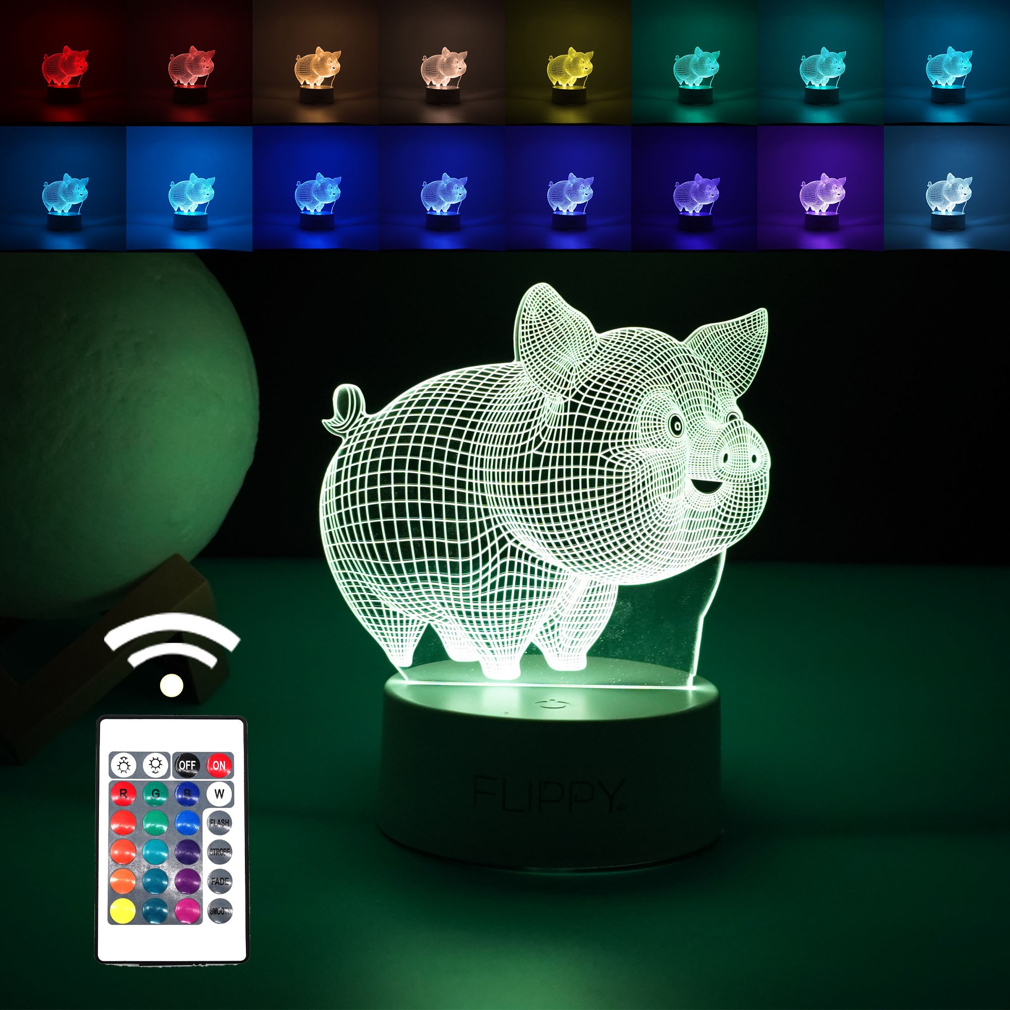 Lampa LED decorativa, , 3D, Porcusor Gras, din material acril si lumina multicolora, alb
