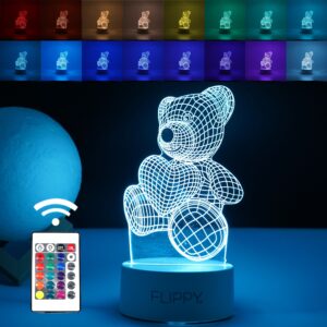 Lampa LED decorativa, , 3D, ursulet, din material acril si lumina multicolora, alb