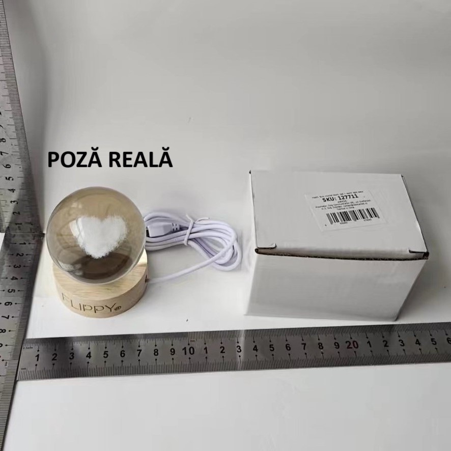 Lampa LED Decorativa, , Bila de Cristal cu Diametru 6cm, Model Inima 3D, Alimentare USB, Suport din Lemn, Lumina Alb Cald - imagine 2