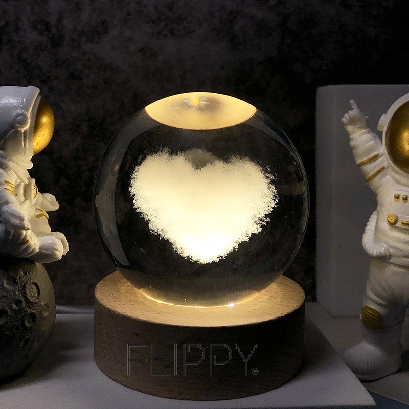 Lampa LED Decorativa, , Bila de Cristal cu Diametru 6cm, Model Inima 3D, Alimentare USB, Suport din Lemn, Lumina Alb Cald - imagine 3