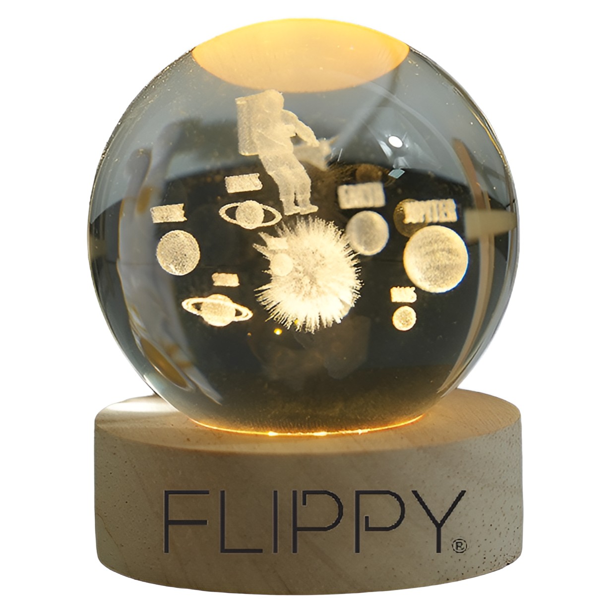 Lampa LED Decorativa, , cu Bila de Cristal cu Diametru 6cm, Model Astronaut in Galaxie 3D, Alimentare USB, Suport din Lemn, Lumina Alb Cald