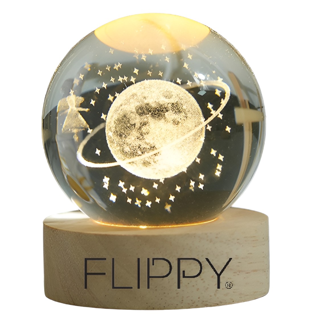 Lampa LED Decorativa, , cu Bila de Cristal cu Diametru 6cm, Model Cer Instelat 3D, Alimentare USB, Suport din Lemn, Lumina Alb Cald
