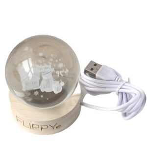 Lampa LED Decorativa, , cu Bila de Cristal cu Diametru 6cm, Model Merry Christmas 3D, Alimentare USB, Suport din Lemn, Lumina Alb Cald