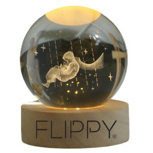 Lampa LED Decorativa, , cu Bila de Cristal cu Diametru 6cm, Model Micul Print 3D, Alimentare USB, Suport din Lemn, Lumina Alb Cald