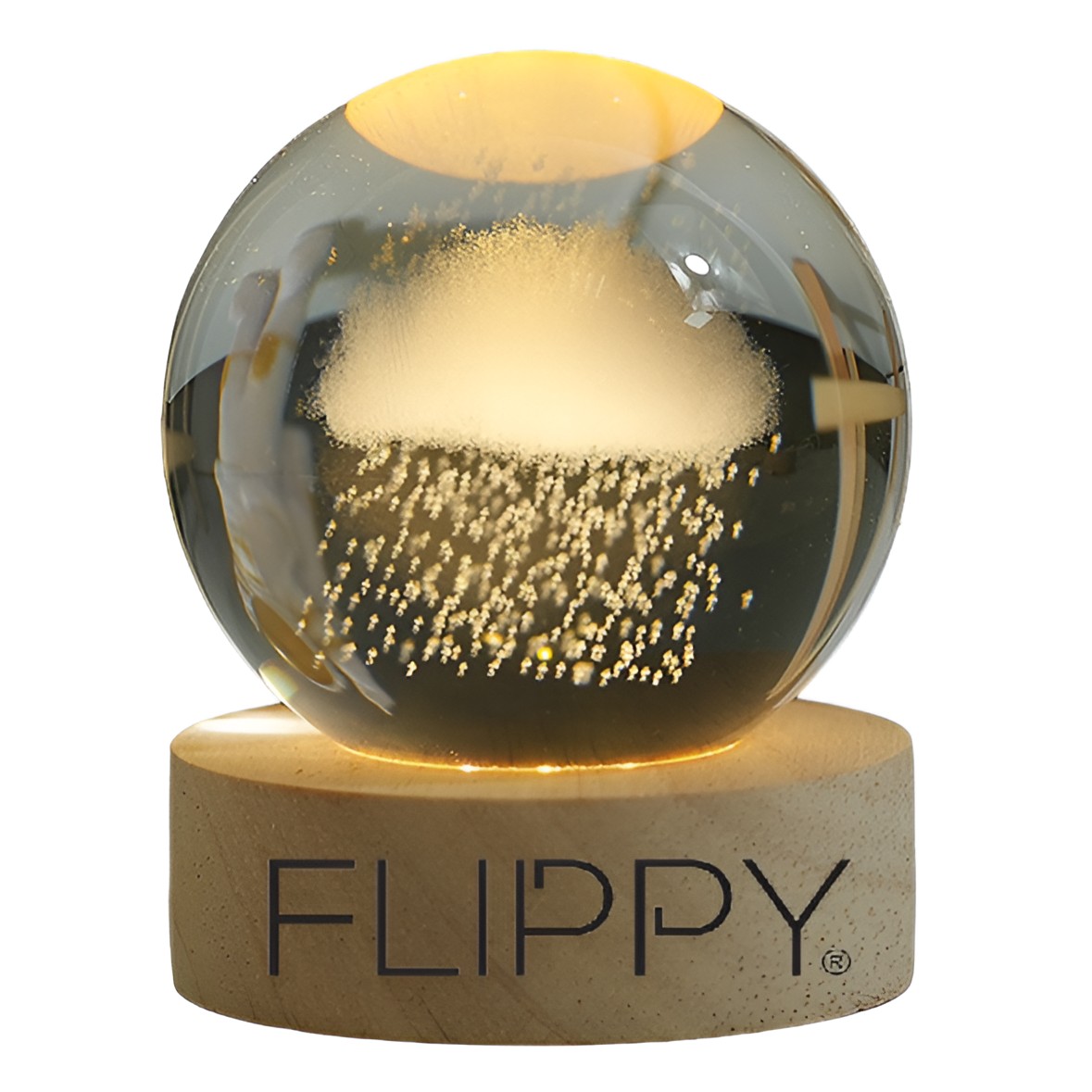 Lampa LED Decorativa, , cu Bila de Cristal cu Diametru 6cm, Model Nor Ploios 3D, Alimentare USB, Suport din Lemn, Lumina Alb Cald