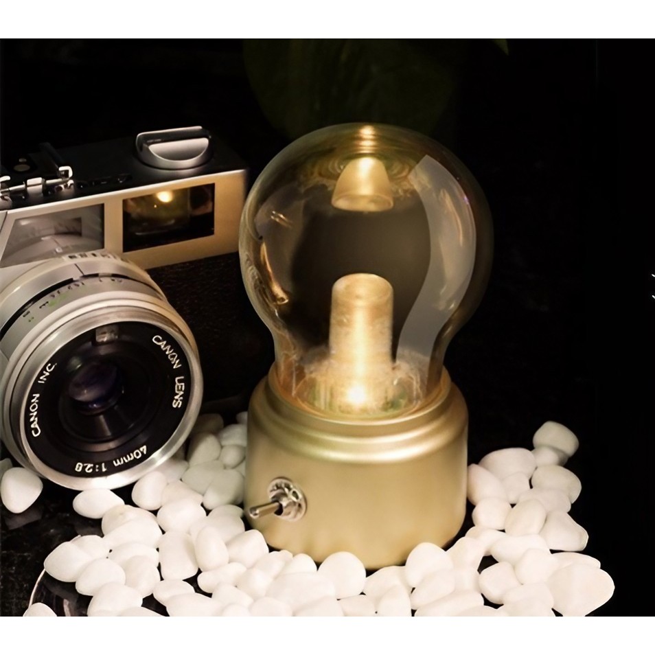 Lampa LED Decorativa sub forma de Bulb, Retro pentru interior, Bej/ Transparent, 5 V, 500 mA, ABS, Lumina Calda, Incarcare USB, Autonimie 12 Ore, Comutator Metalic, , 11x7x6 cm - imagine 4