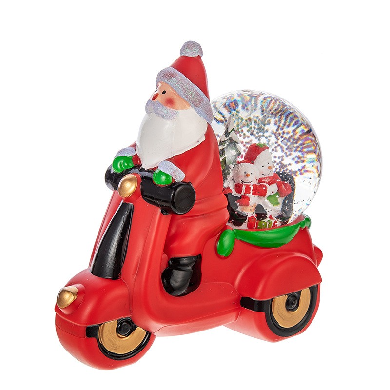 Decoratiune Craciun, Tip Motocicleta, Glob 10 cm, Figurine Mos Craciun, 3 Moduri, Functie Muzicala, Zapada in Miscare, Functioneaza Cu Baterii ( 3 x AAA neincluse), Cablu USB (Inclus), Model Rosu, 20 x 11.5 x 20 cm, Alb Cald - imagine 4