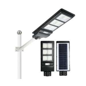Lampa solara stradala , cu telecomanda, senzor de miscare si lumina, suport prindere, 135 LED-uri, IP65, ABS, 8AH, 100W, temperatura culoare 6500K, 48.5x22x6.8 cm, autonomie 10-12 ore, negru