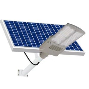 Lampa solara stradala , pentru curte sau strada, cu doua grile, finisaj mat, rezistent la apa, montare prin fixare, senzor lumina, baterie de litiu, IP65, lumina rece, putere 300W, autonomie 10 ore, 51.5 x 21 cm, gri