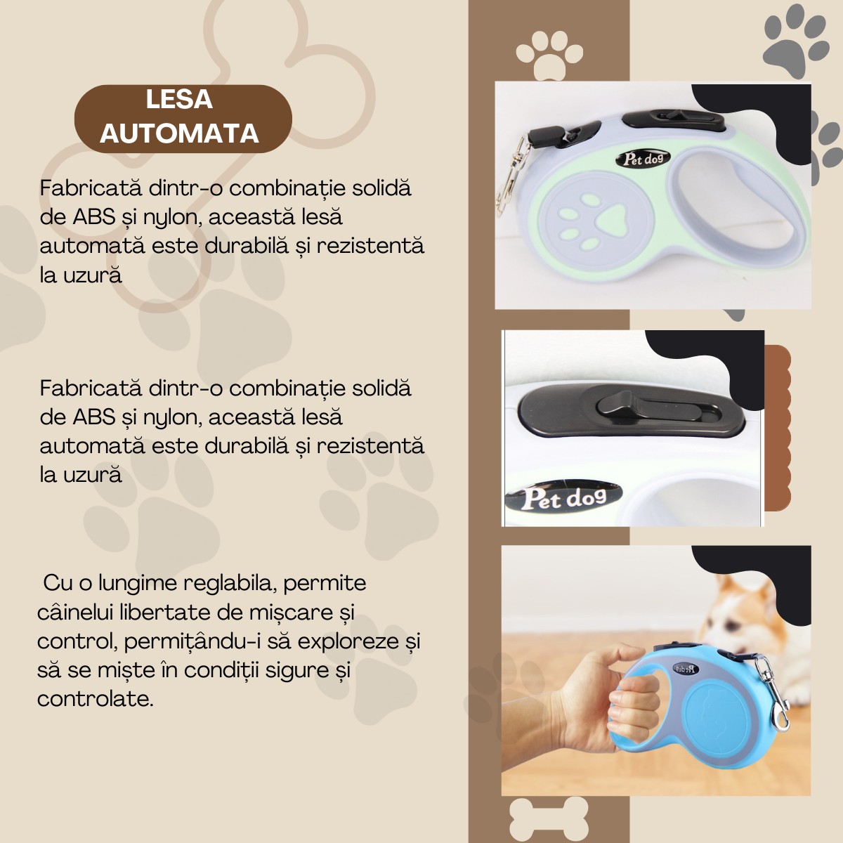 Lesa Automata Retractabila, , pentru Caini, 5 m, 20 kg, ABS, Verde/Bleu, 8x12x4 cm - imagine 2
