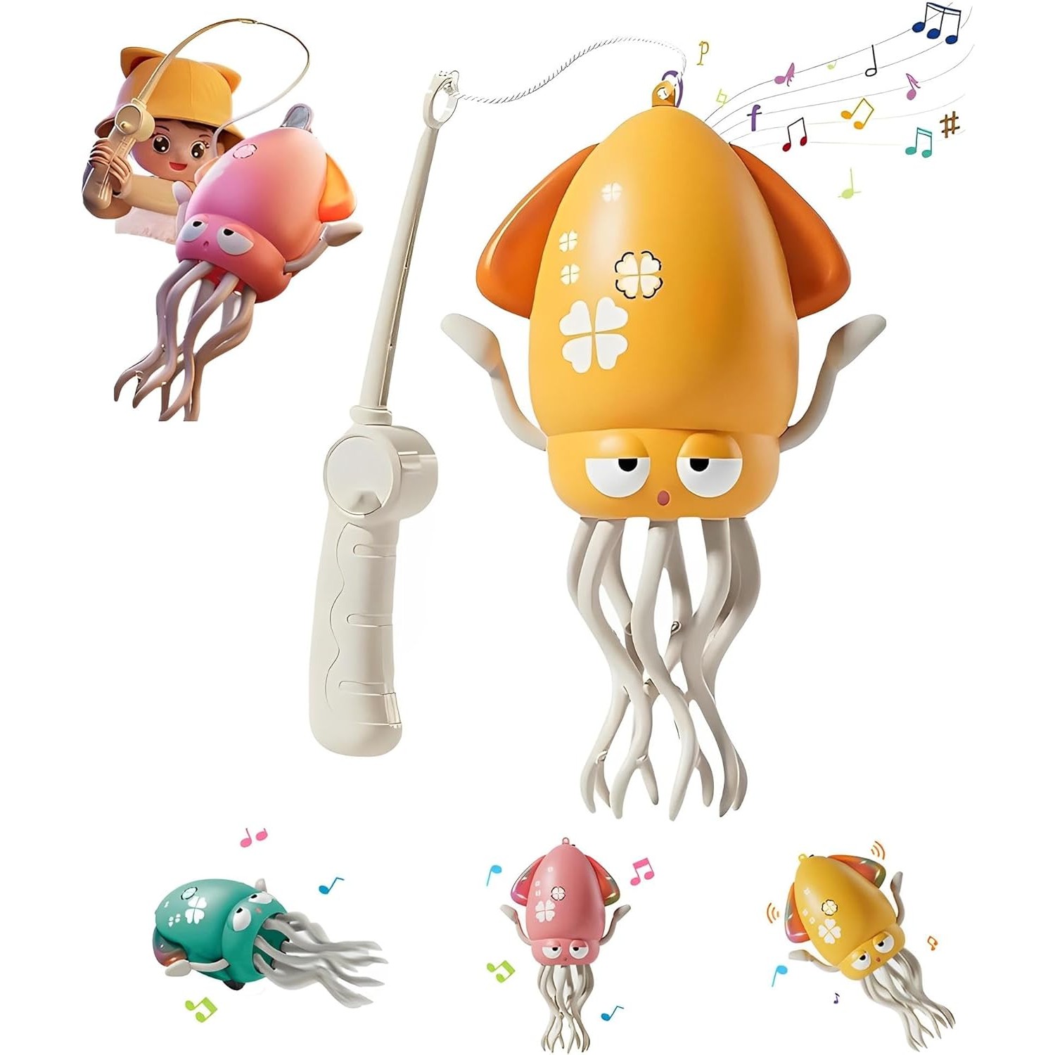 Caracatita Dansatoare, , +3 Ani, 3 Moduri, din ABS, Incarcare USB, cu Undita Inclusa, 12.6 x 7.6 x 20.7 cm, Galben - imagine 4