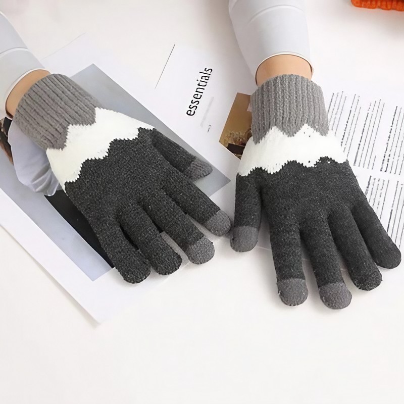 Manusi de Dama, , Model Ondulat, Functie Touchscreen (ecran tactil), Material Acril Tricotat, Manseta Elastica, Interior Catifelat, Marime Universala, Gri/Alb - imagine 2